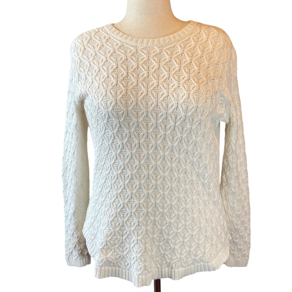 Jeanne Pierre White Cotton Textured‎ Pointelle Waffle Knit Sweater Large